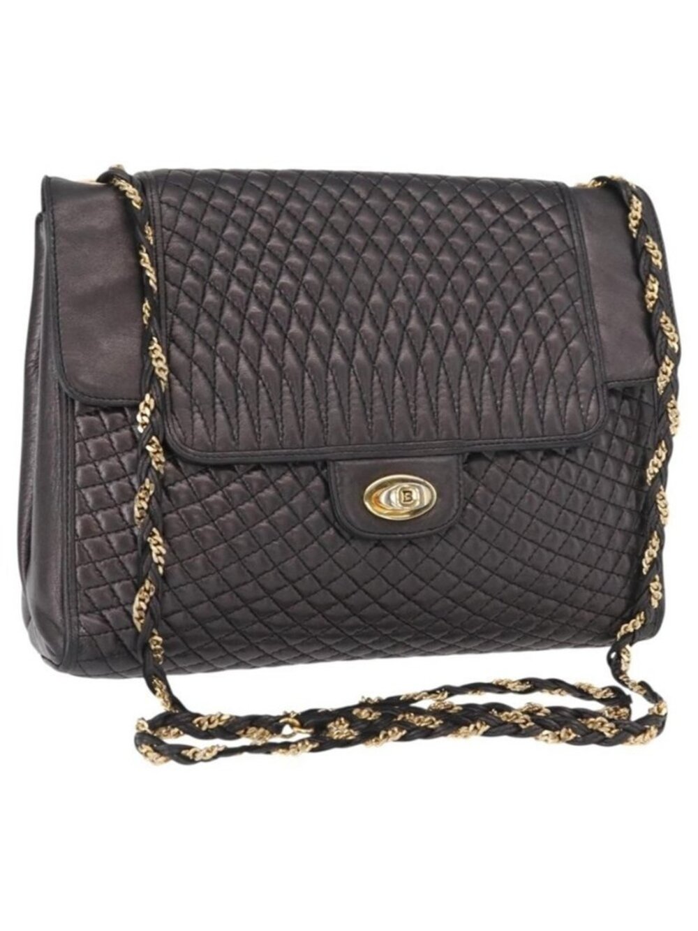 Authentic BALLY Chain Shoulder Bag Leather Black Gold